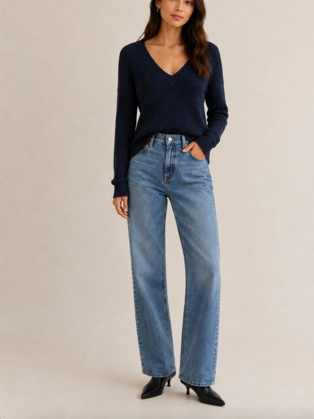 Brandy Melville Ribbed Knit V Neck Pullover Sweater Cotton Navy Blue